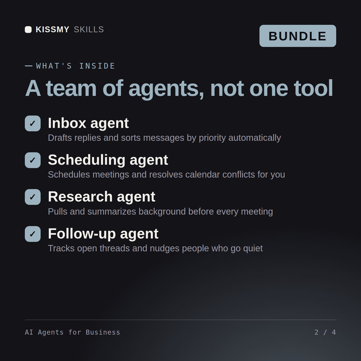 What's inside the AI Agents for Business AI bundle: Inbox agent, Scheduling agent, Research agent, Follow-up agent