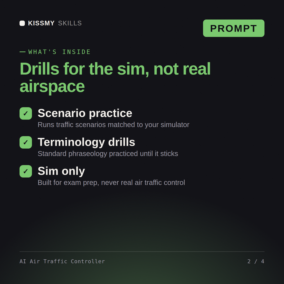 What's inside the AI Air Traffic Controller AI prompt: Scenario practice, Terminology drills, Sim only