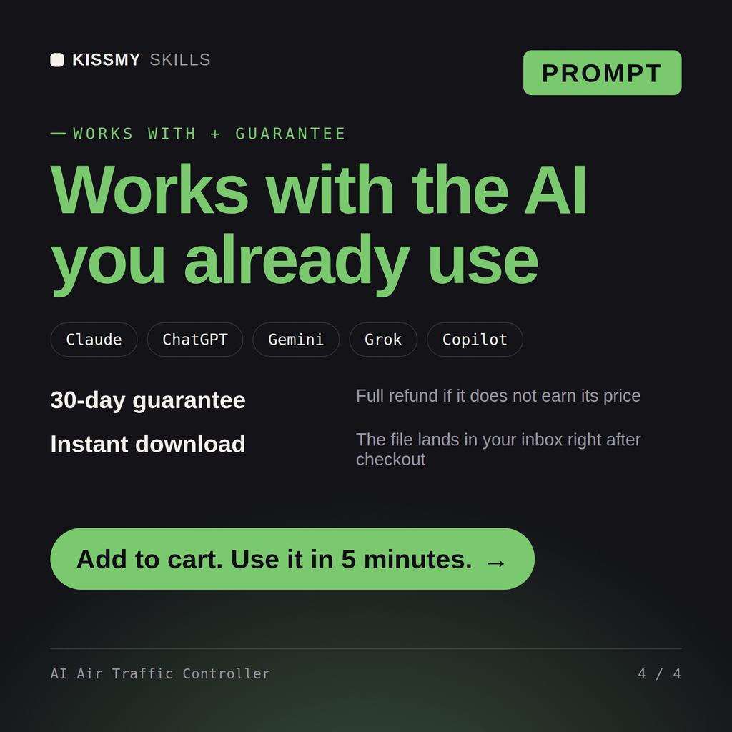 The AI Air Traffic Controller AI prompt works with Claude, ChatGPT, Gemini and any AI chat, 30-day money-back guarantee