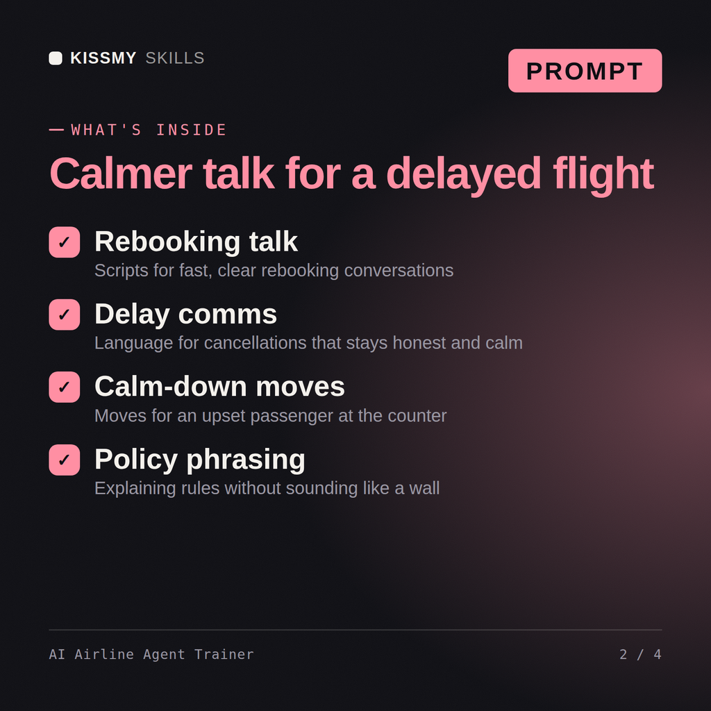 What's inside the AI Airline Agent Trainer AI prompt: Rebooking talk, Delay comms, Calm-down moves, Policy phrasing