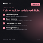 What's inside the AI Airline Agent Trainer AI prompt: Rebooking talk, Delay comms, Calm-down moves, Policy phrasing