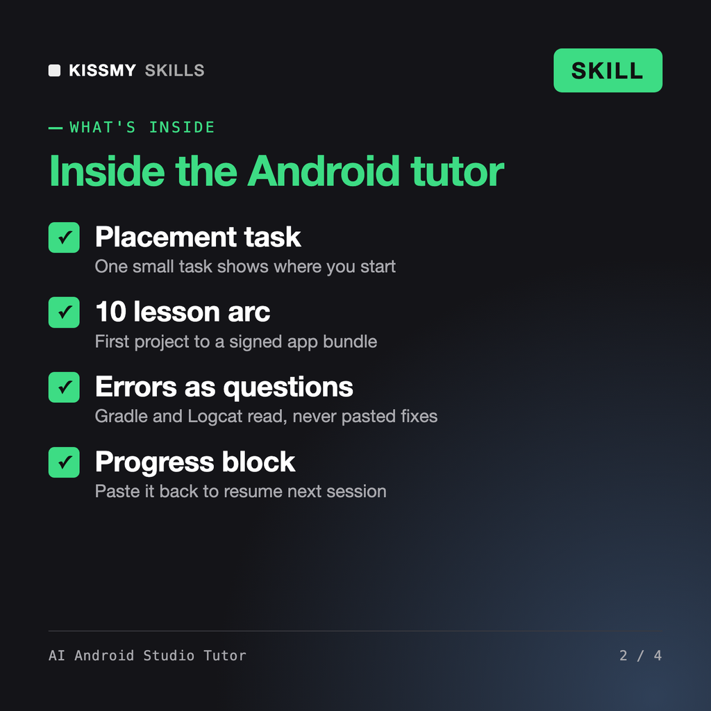 What's inside the AI Android Studio Tutor AI skill: Placement task, 10 lesson arc, Errors as questions, Progress block