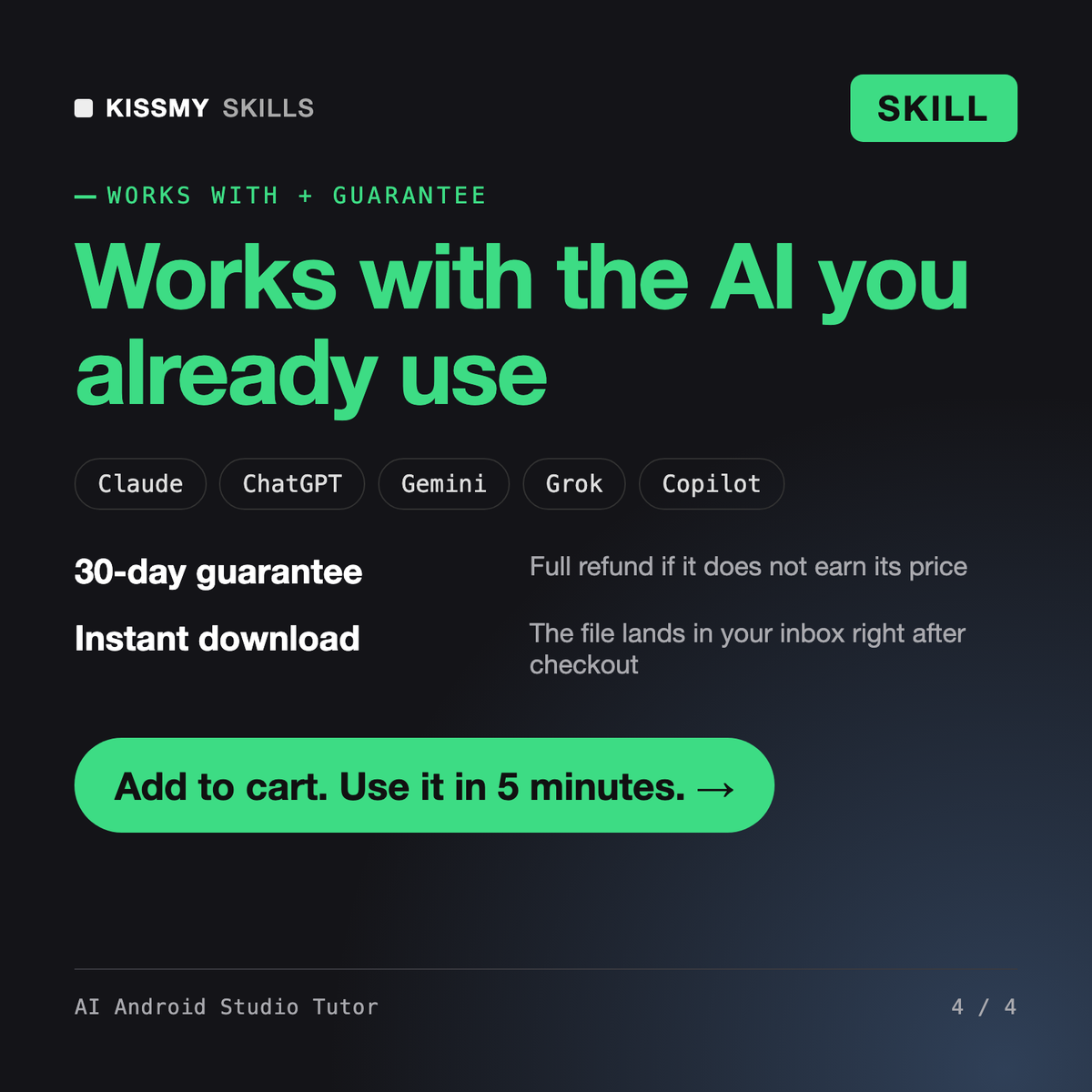 The AI Android Studio Tutor AI skill works with Claude, ChatGPT, Gemini and any AI chat, 30-day money-back guarantee