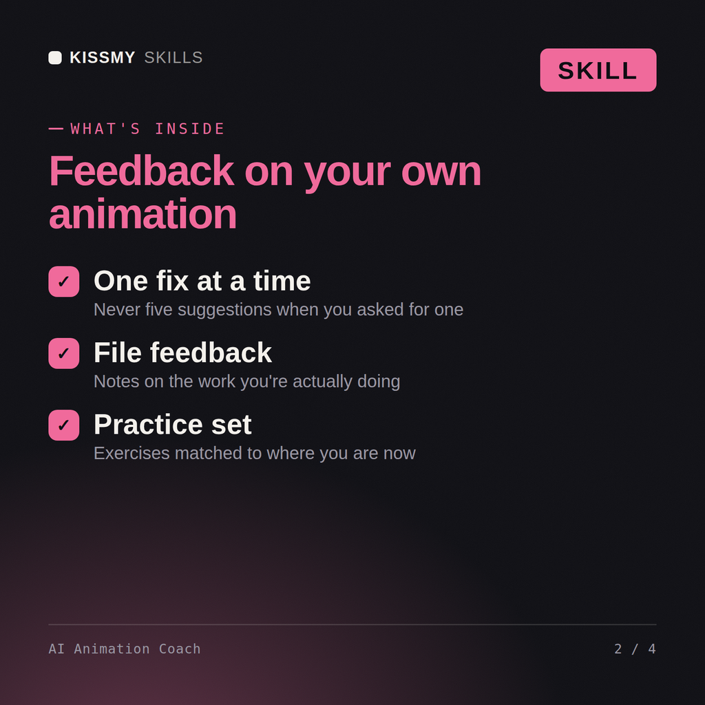What's inside the AI Animation Coach AI skill: One fix at a time, File feedback, Practice set