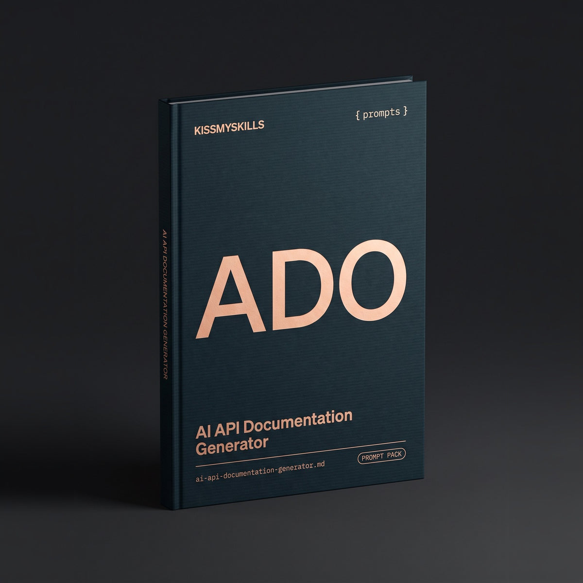 API Documentation Generator prompts for Claude by KissMySkills, deep midnight-teal laid paper cover with the monogram ADO
