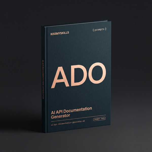 API Documentation Generator prompts for Claude by KissMySkills, deep midnight-teal laid paper cover with the monogram ADO