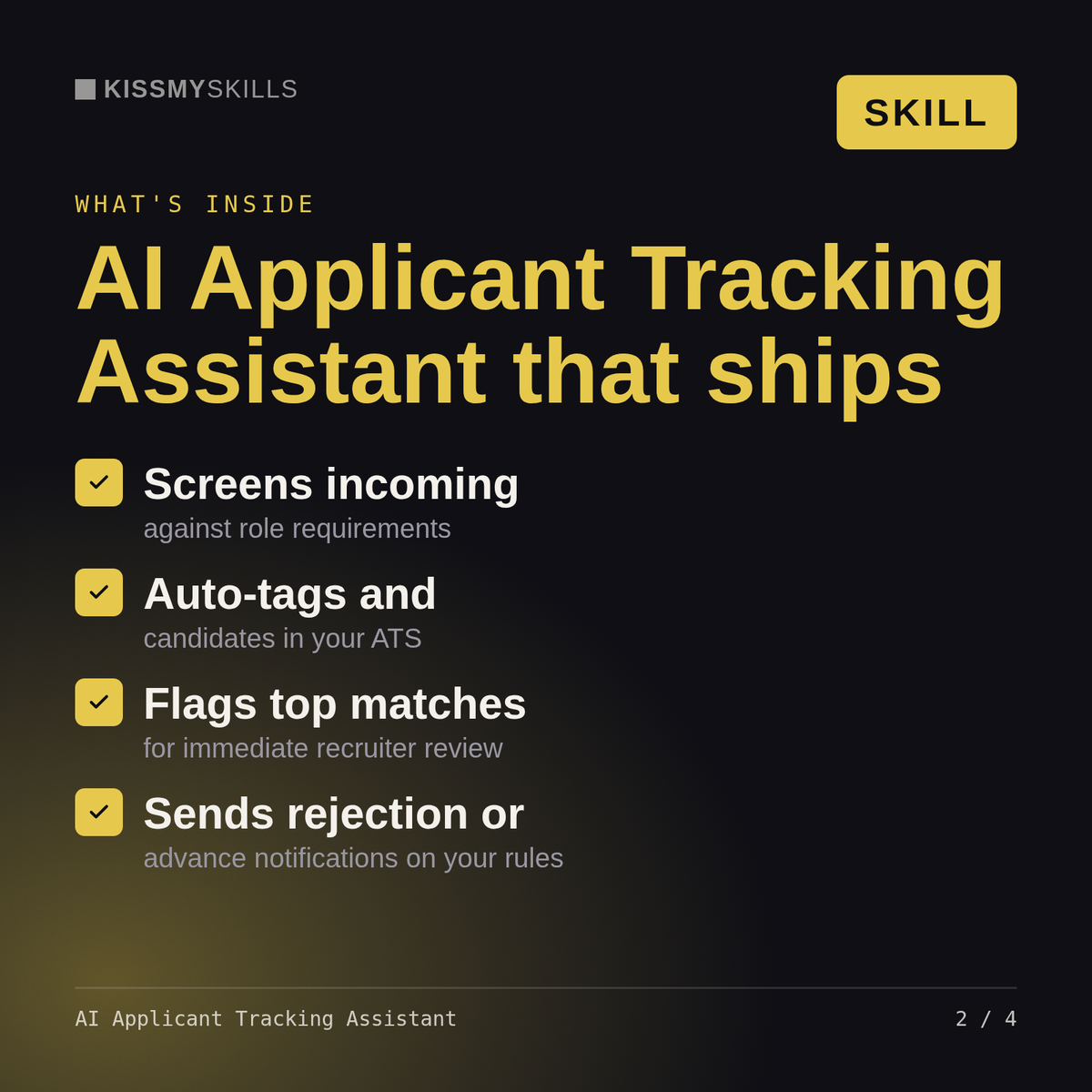 What's inside the AI Applicant Tracking Assistant skill: Screens incoming, Auto-tags and, Flags top matches, Sends rejection or