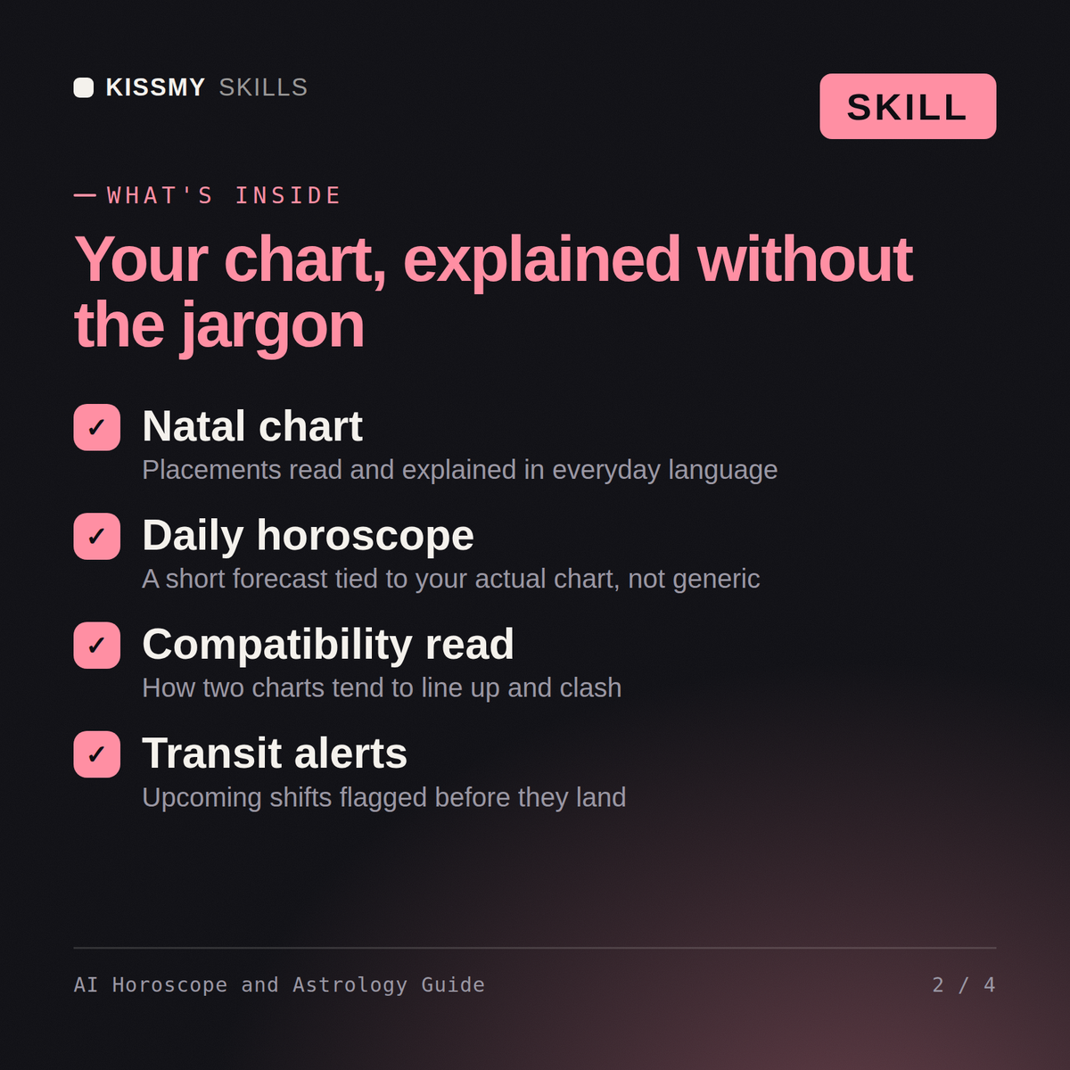 What's inside the AI Horoscope and Astrology Guide AI skill: Natal chart, Daily horoscope, Compatibility read, Transit alerts