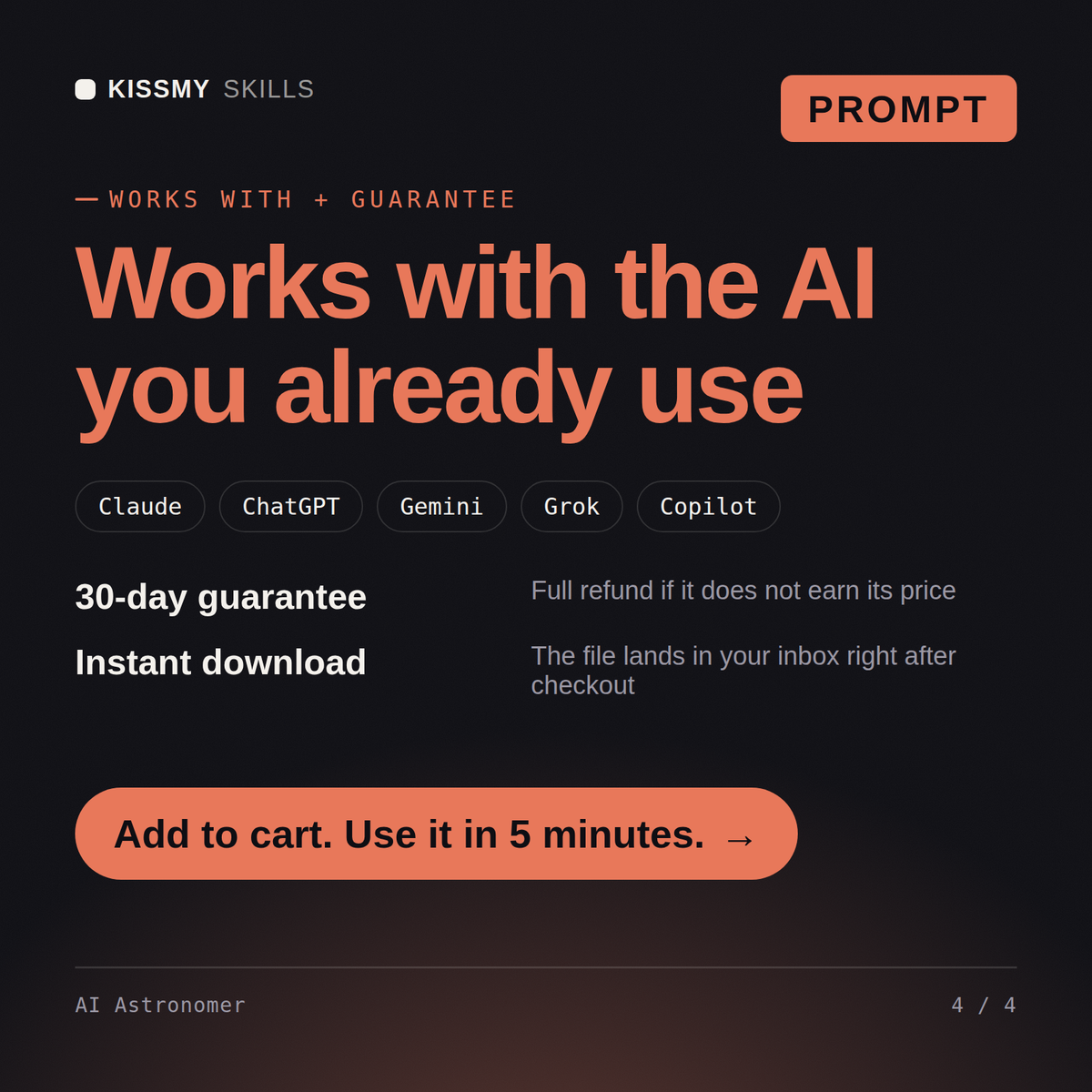 The AI Astronomer AI prompt works with Claude, ChatGPT, Gemini and any AI chat, 30-day money-back guarantee