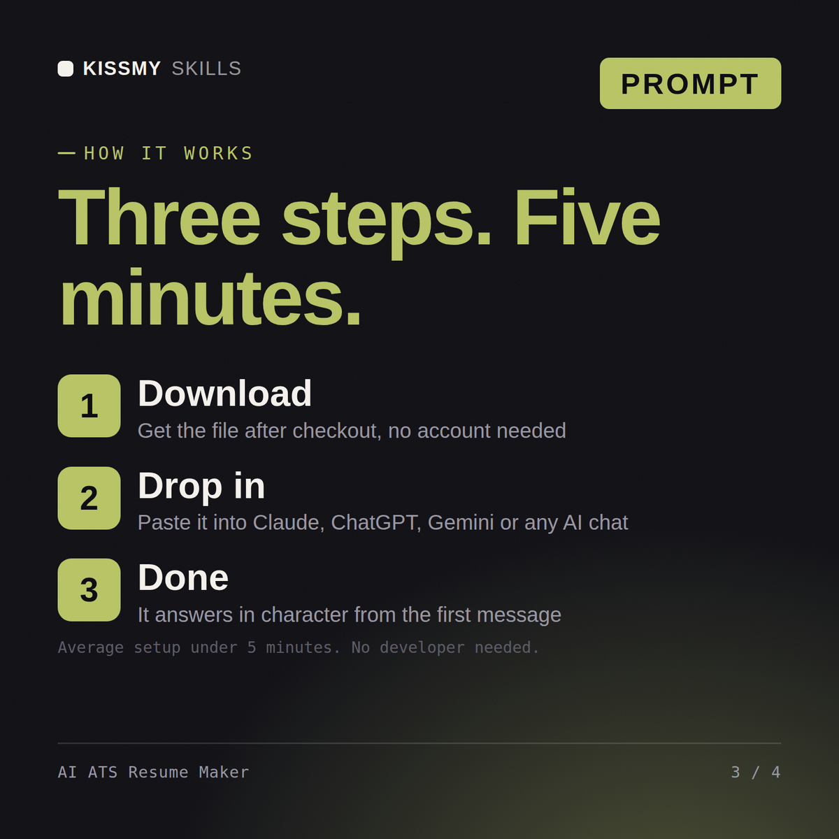 How the AI ATS Resume Maker AI prompt works in three steps: download, drop it into your AI chat, done