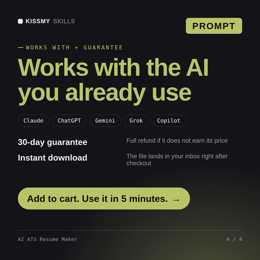 The AI ATS Resume Maker AI prompt works with Claude, ChatGPT, Gemini and any AI chat, 30-day money-back guarantee