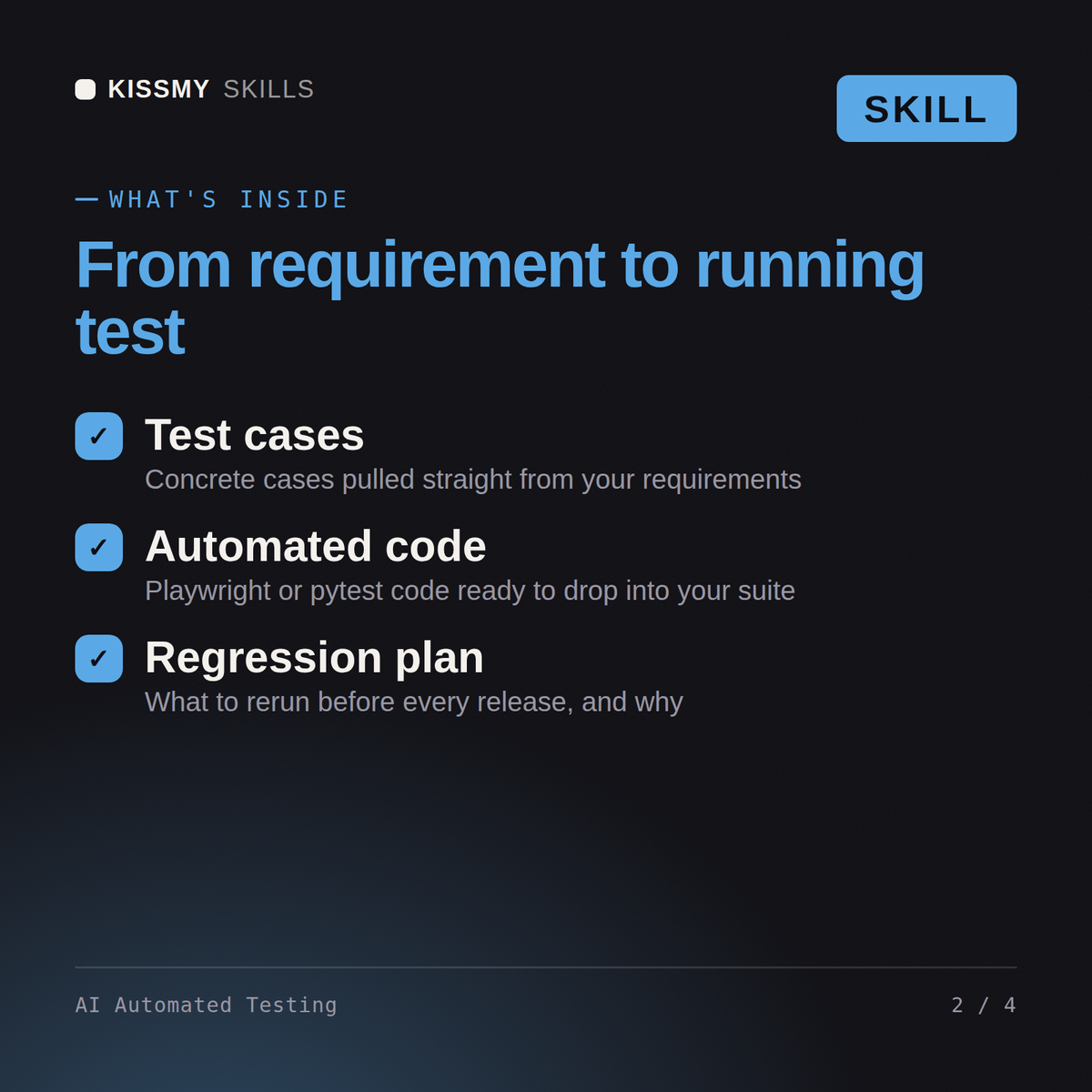 What's inside the AI Automated Testing AI skill: Test cases, Automated code, Regression plan