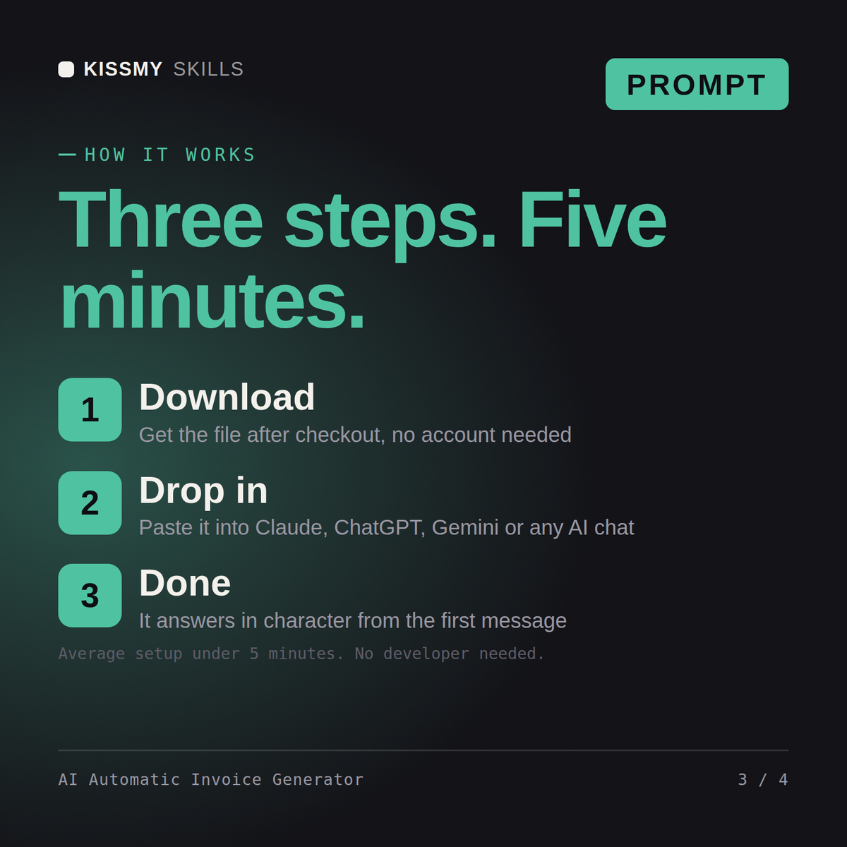 How the AI Automatic Invoice Generator AI prompt works in three steps: download, drop it into your AI chat, done