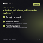 What's inside the AI Balance Sheet Generator AI skill: Correctly grouped, Standard format, Plain language in