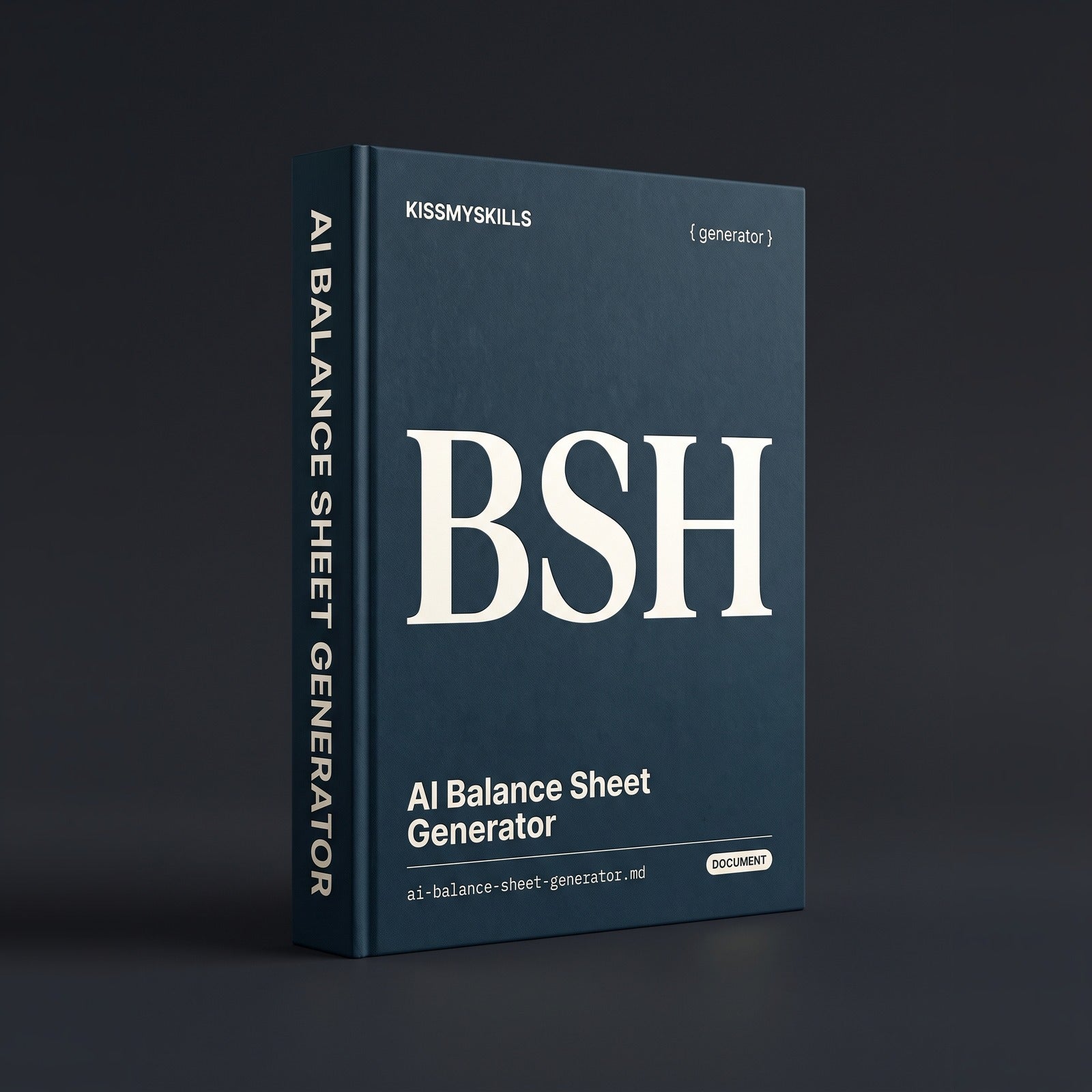 Balance Sheet Generator Claude skill by KissMySkills, near-black prussian petrol blue stone cover with the monogram BSH