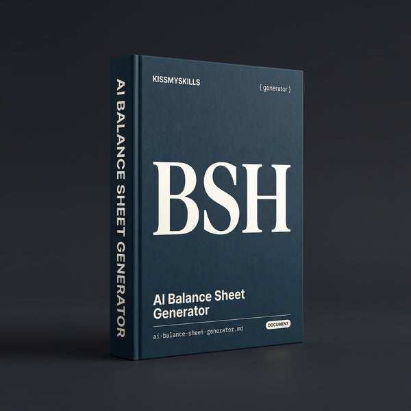 Balance Sheet Generator Claude skill by KissMySkills, near-black prussian petrol blue stone cover with the monogram BSH