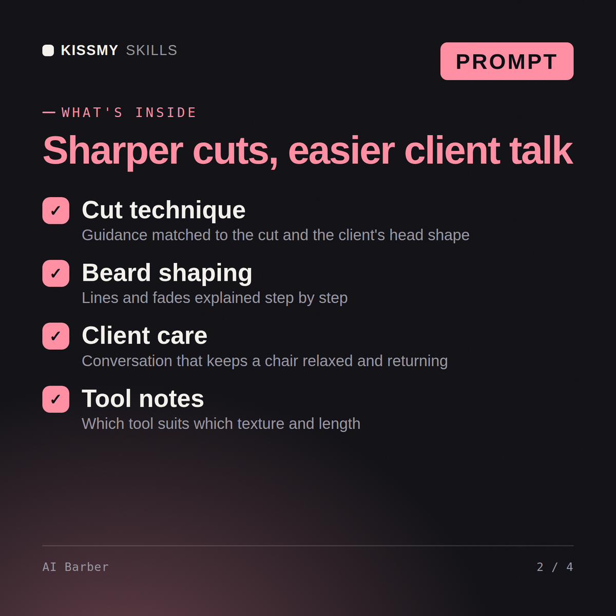 What's inside the AI Barber AI prompt: Cut technique, Beard shaping, Client care, Tool notes