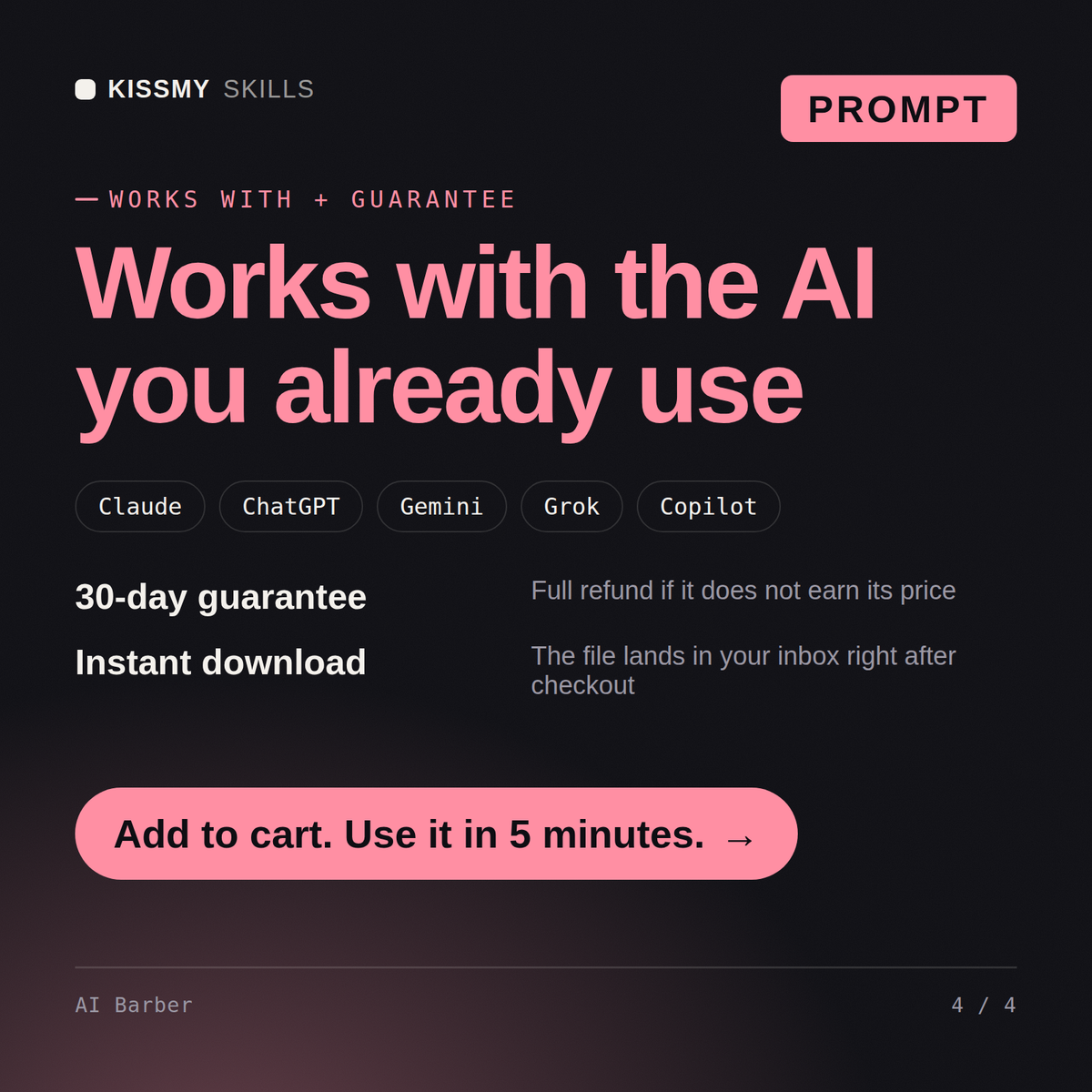 The AI Barber AI prompt works with Claude, ChatGPT, Gemini and any AI chat, 30-day money-back guarantee