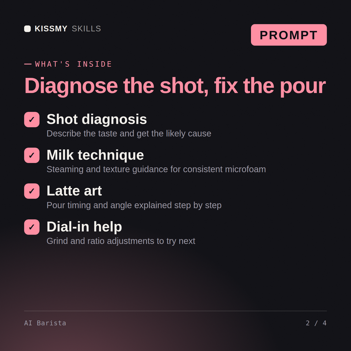 What's inside the AI Barista AI prompt: Shot diagnosis, Milk technique, Latte art, Dial-in help