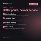 What's inside the AI Bartender AI prompt: Recipe builds, Service tips, Flavor pairing, Bar setup