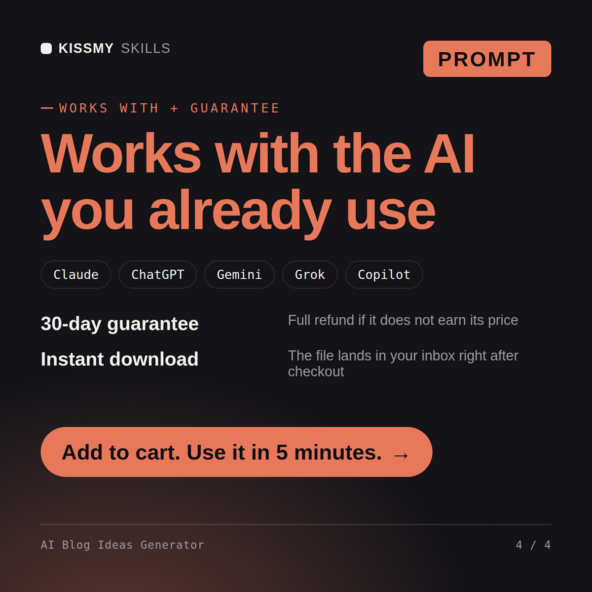 The AI Blog Ideas Generator AI prompt works with Claude, ChatGPT, Gemini and any AI chat, 30-day money-back guarantee