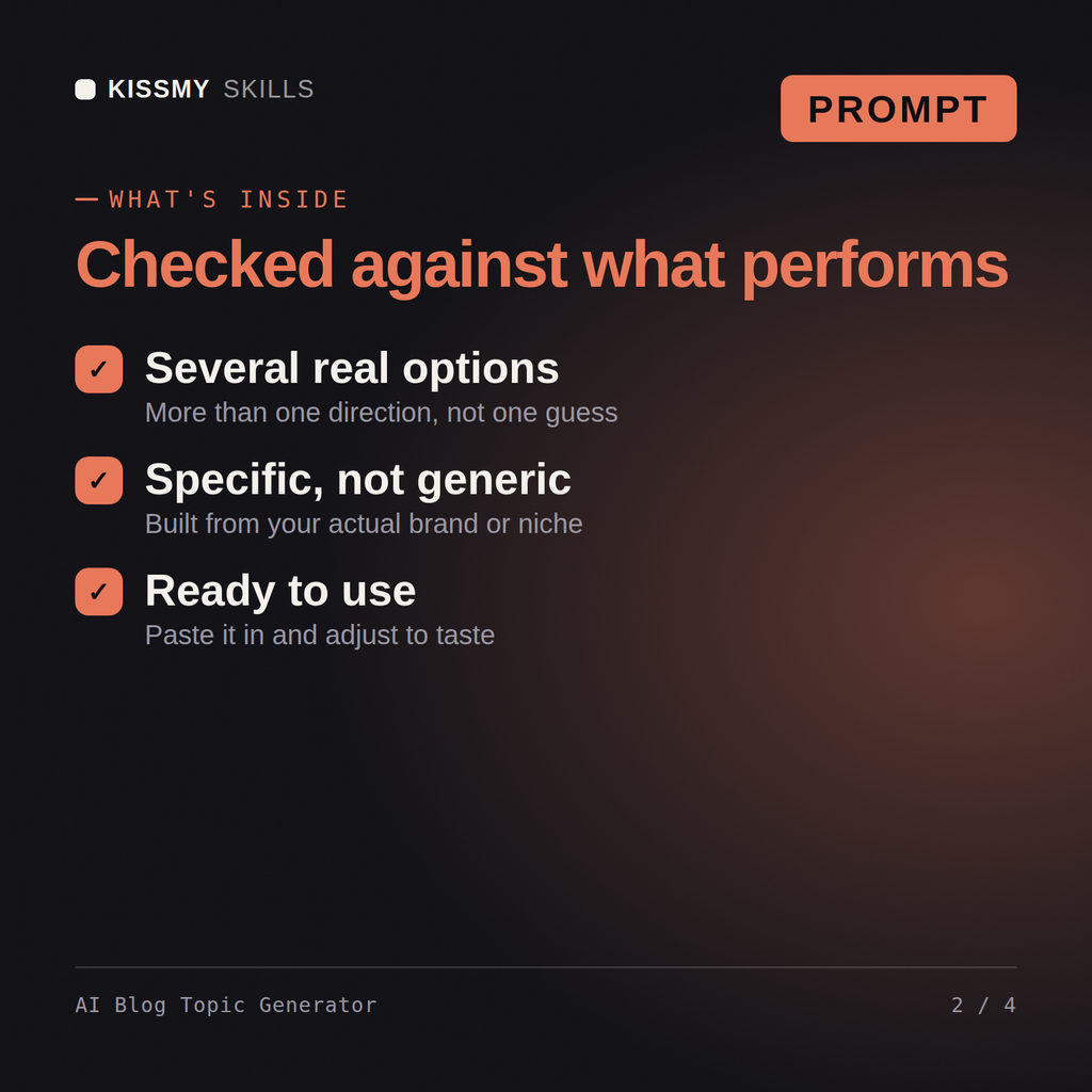 What's inside the AI Blog Topic Generator AI prompt: Several real options, Specific, not generic, Ready to use