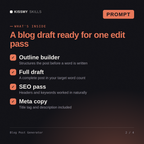 What's inside the Blog Post Generator AI prompt: Outline builder, Full draft, SEO pass, Meta copy