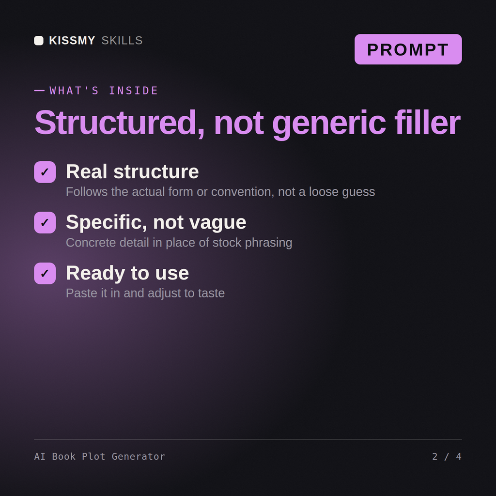 What's inside the AI Book Plot Generator AI prompt: Real structure, Specific, not vague, Ready to use