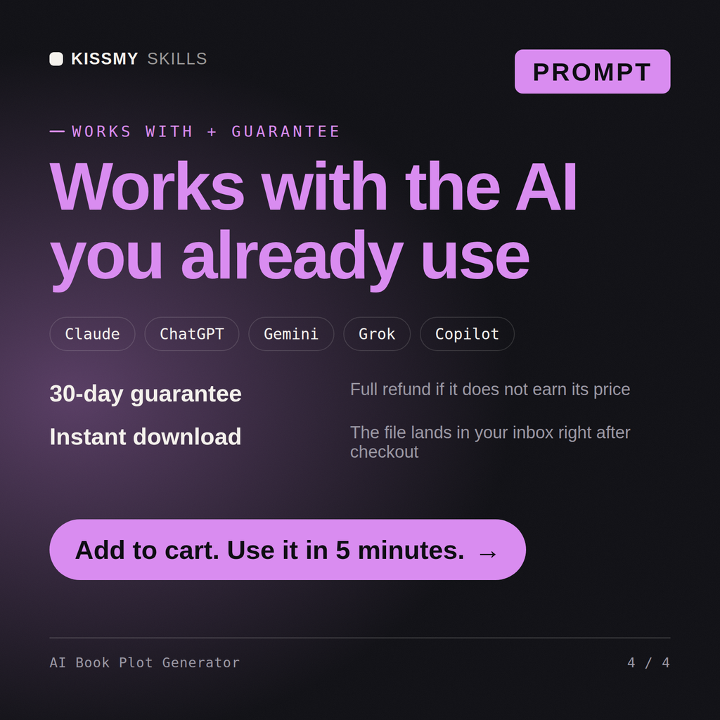 The AI Book Plot Generator AI prompt works with Claude, ChatGPT, Gemini and any AI chat, 30-day money-back guarantee