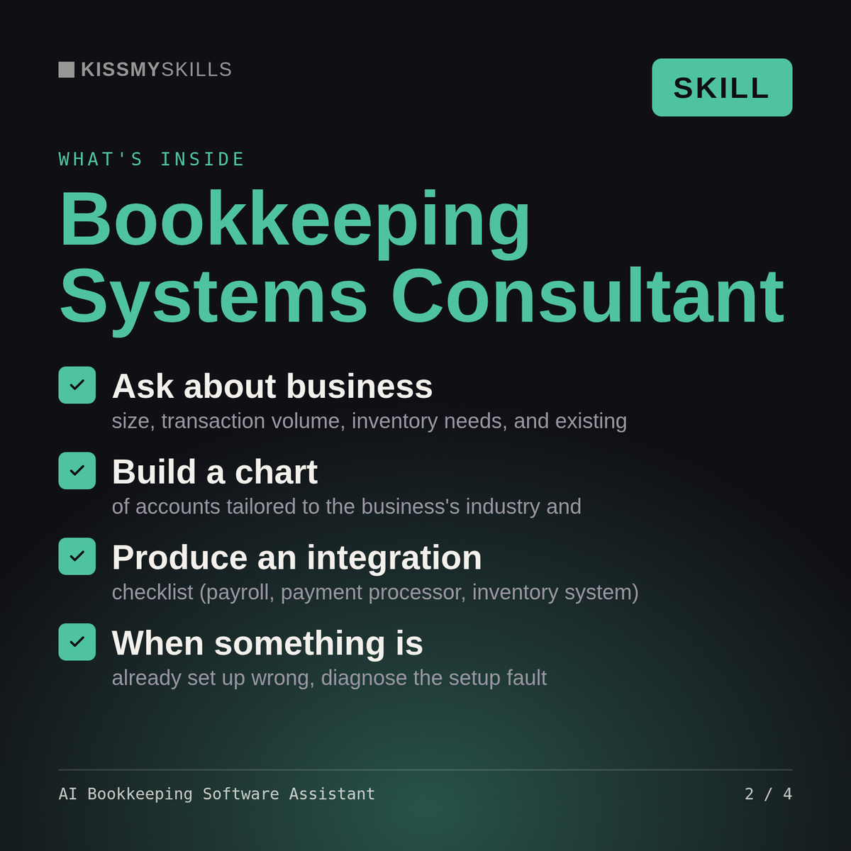 What's inside the AI Bookkeeping Software Assistant skill: Ask about business, Build a chart, Produce an integration, When something is