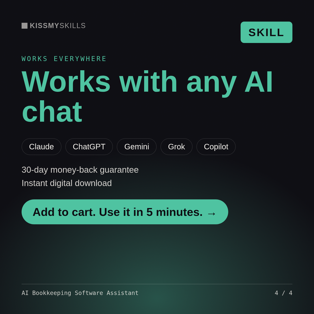 The AI Bookkeeping Software Assistant skill works with Claude, ChatGPT, Gemini and any AI chat, 30-day money-back guarantee