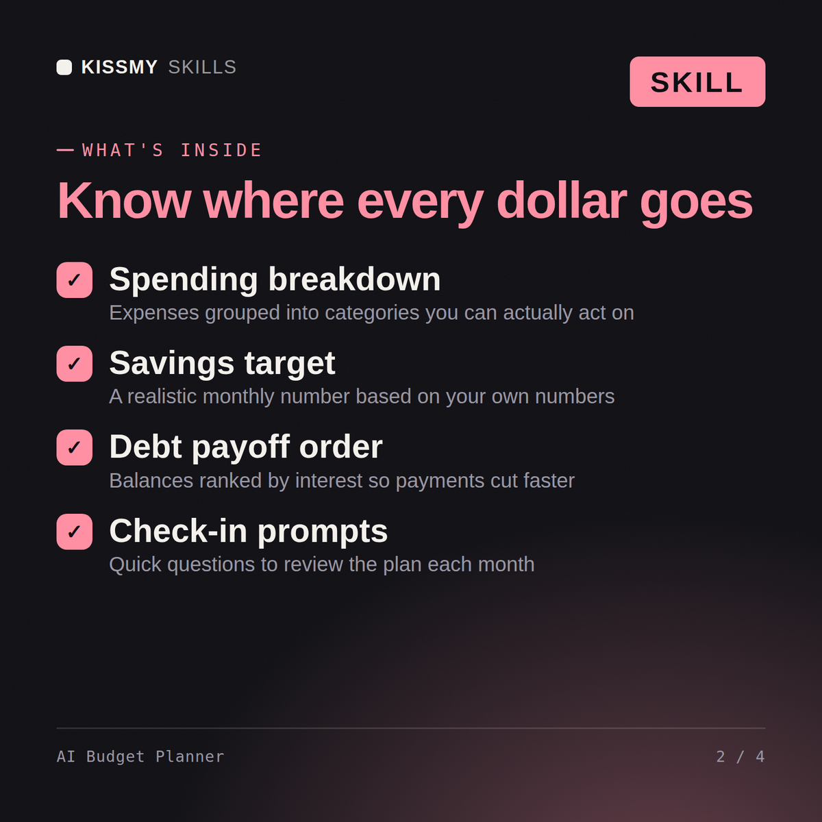 What's inside the AI Budget Planner AI skill: Spending breakdown, Savings target, Debt payoff order, Check-in prompts