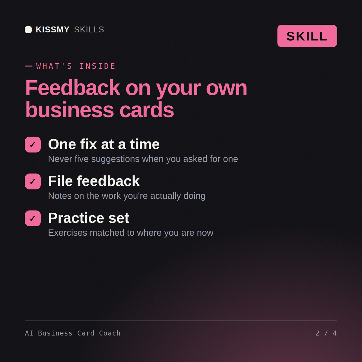 What's inside the AI Business Card Coach AI skill: One fix at a time, File feedback, Practice set