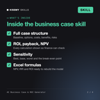 What's inside the AI Business Case & ROI Generator AI skill: Full case structure, ROI, payback, NPV, Sensitivity, Excel formulas