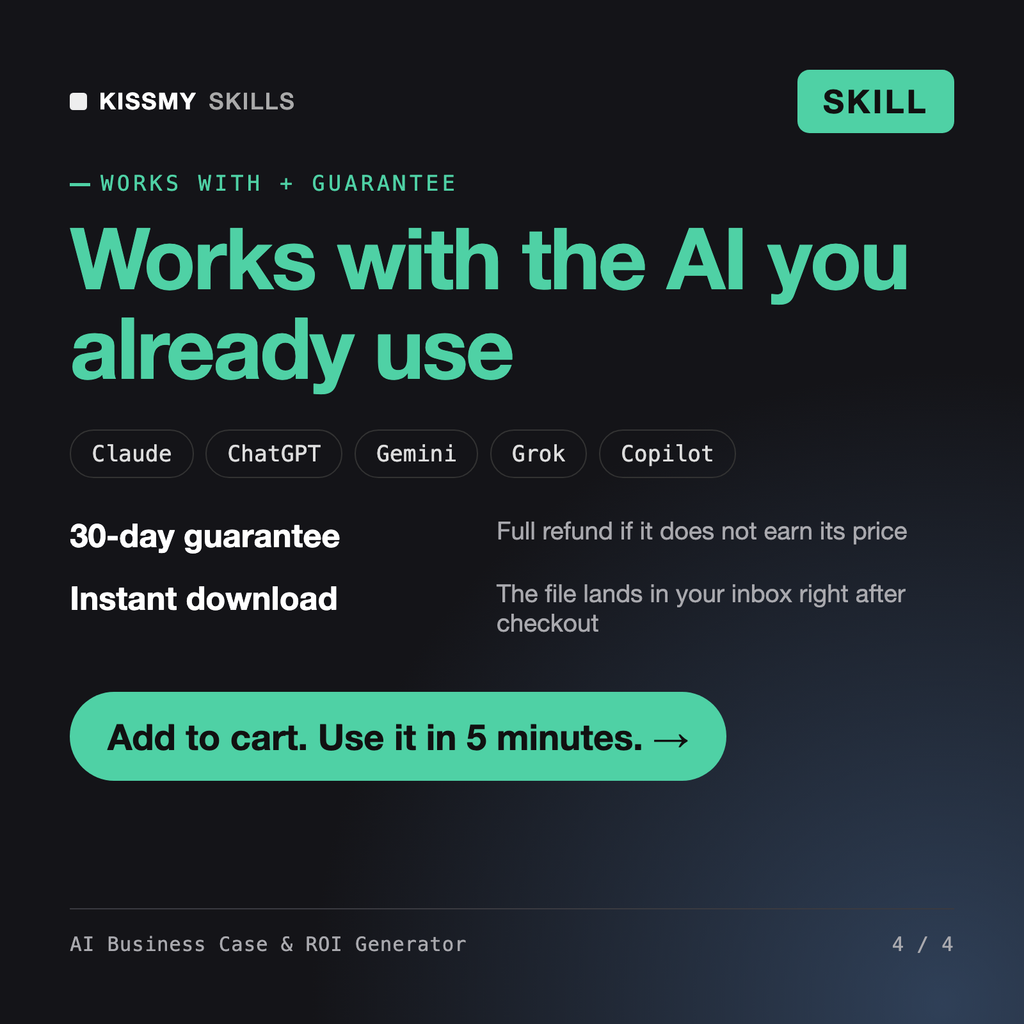 The AI Business Case & ROI Generator AI skill works with Claude, ChatGPT, Gemini and any AI chat, 30-day money-back guarantee
