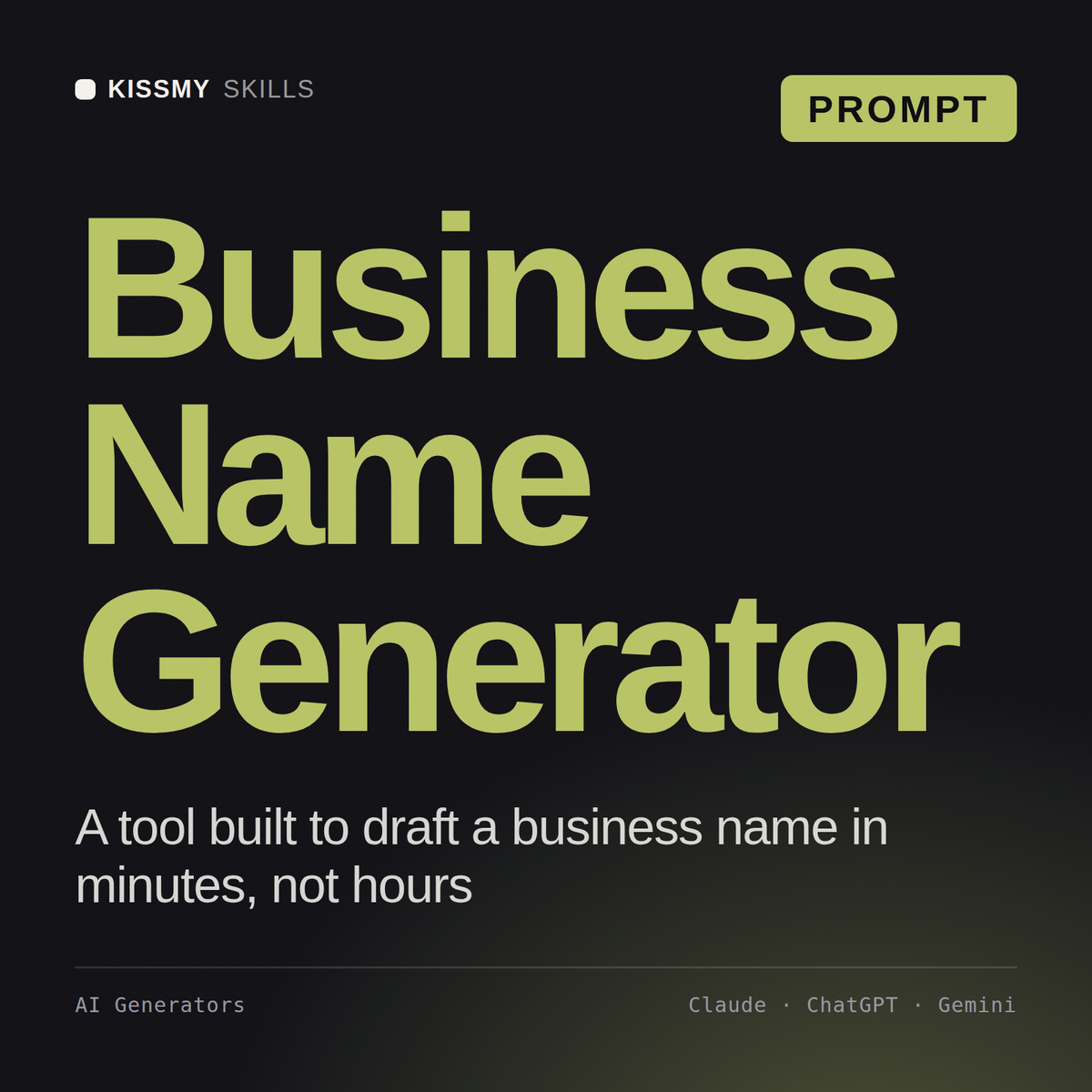 Business Name Generator AI prompt by KissMySkills, cover