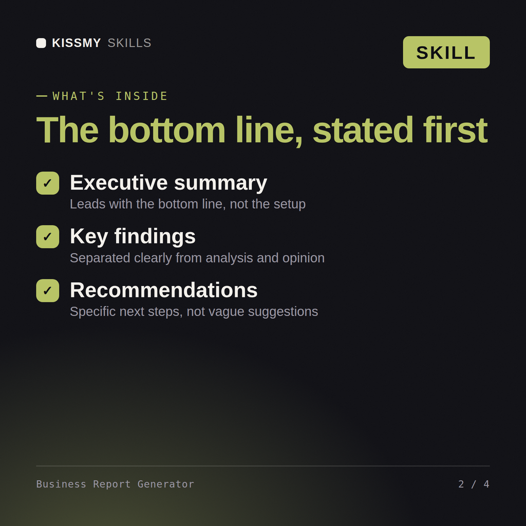What's inside the Business Report Generator AI skill: Executive summary, Key findings, Recommendations