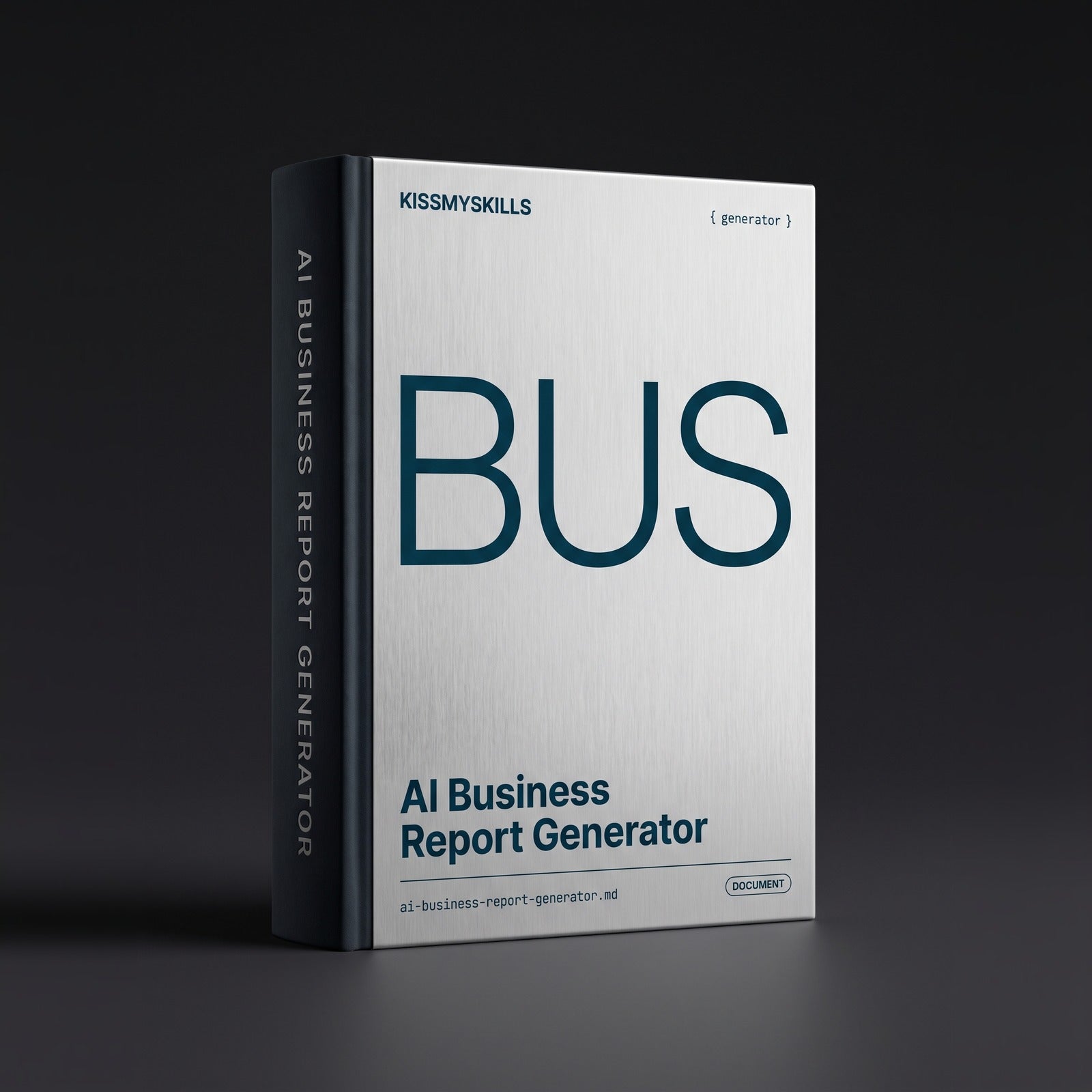 Business Report Generator Claude skill by KissMySkills, brushed pale steel metal cover with the monogram BUS