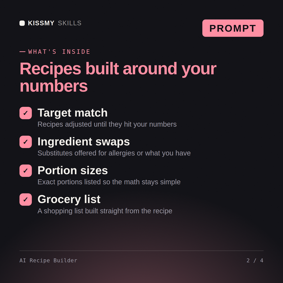 What's inside the AI Recipe Builder AI prompt: Target match, Ingredient swaps, Portion sizes, Grocery list