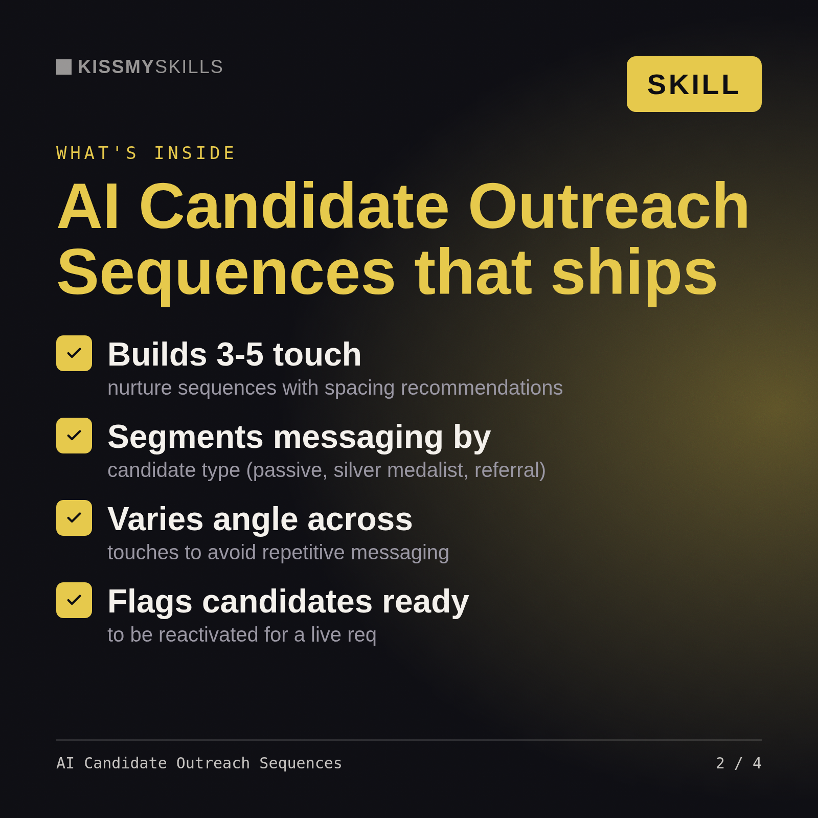 What's inside the AI Candidate Outreach Sequences skill: Builds 3-5 touch, Segments messaging by, Varies angle across, Flags candidates ready