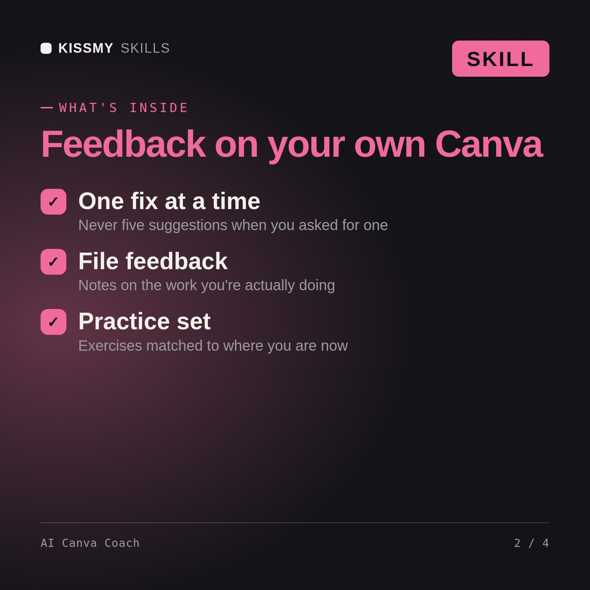 What's inside the AI Canva Coach AI skill: One fix at a time, File feedback, Practice set