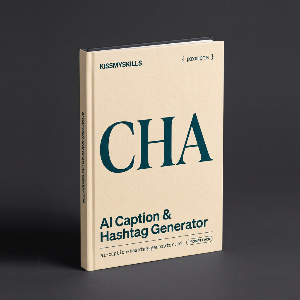 Caption & Hashtag Generator prompts for Claude by KissMySkills, warm oat laid paper cover with the monogram CHA