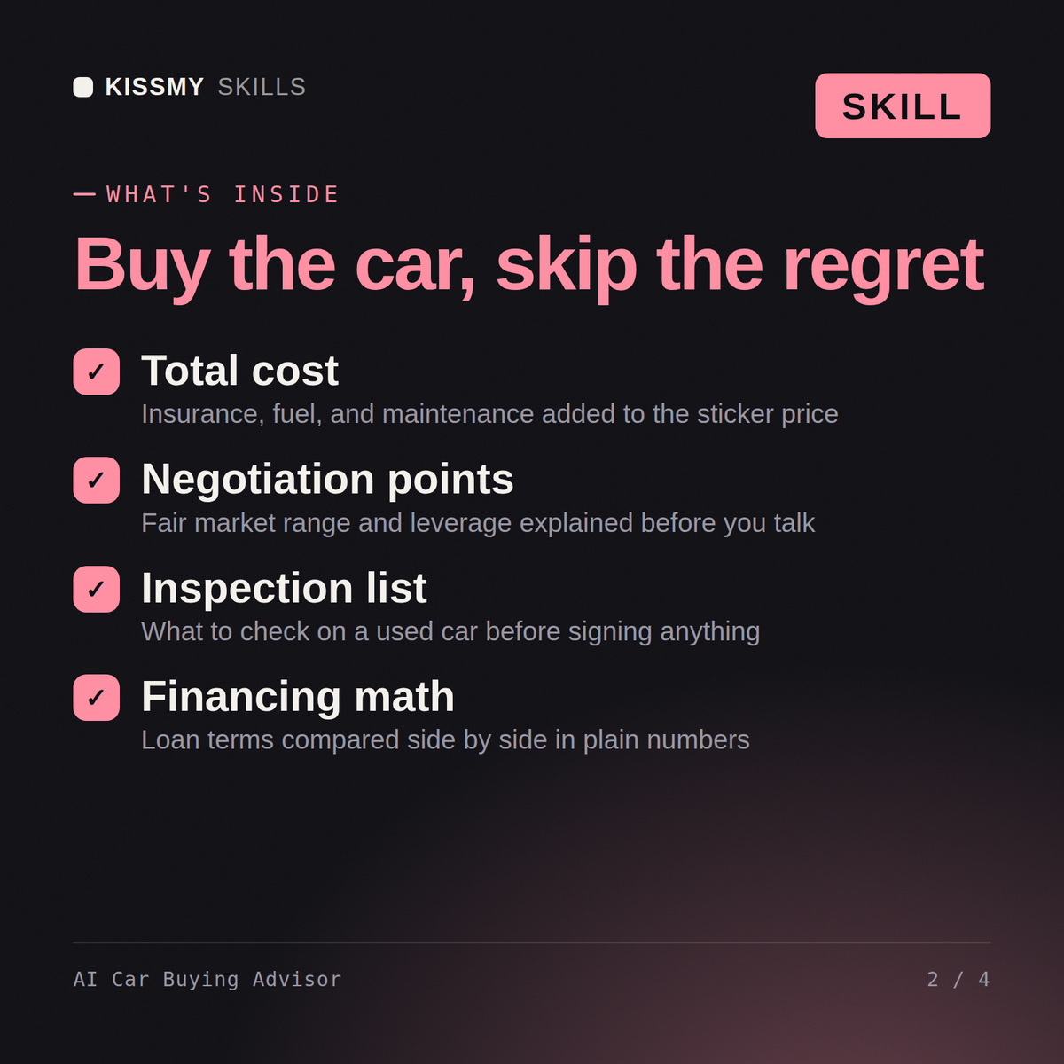 What's inside the AI Car Buying Advisor AI skill: Total cost, Negotiation points, Inspection list, Financing math