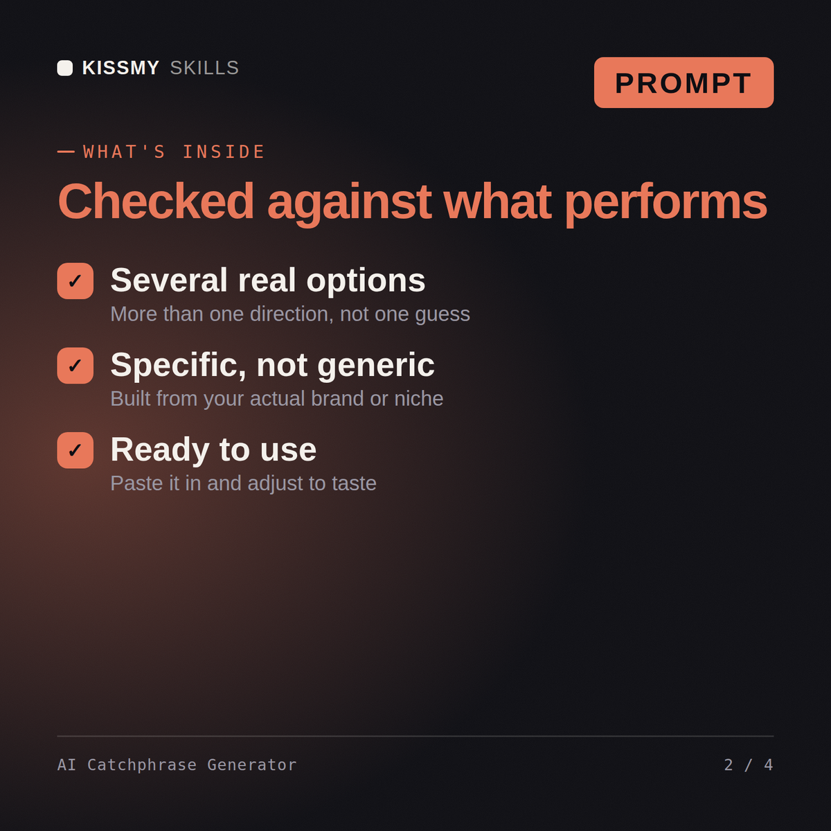What's inside the AI Catchphrase Generator AI prompt: Several real options, Specific, not generic, Ready to use