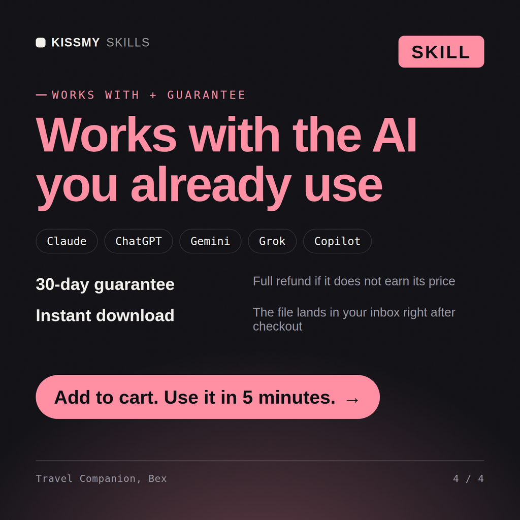 The Travel Companion, Bex AI skill works with Claude, ChatGPT, Gemini and any AI chat, 30-day money-back guarantee