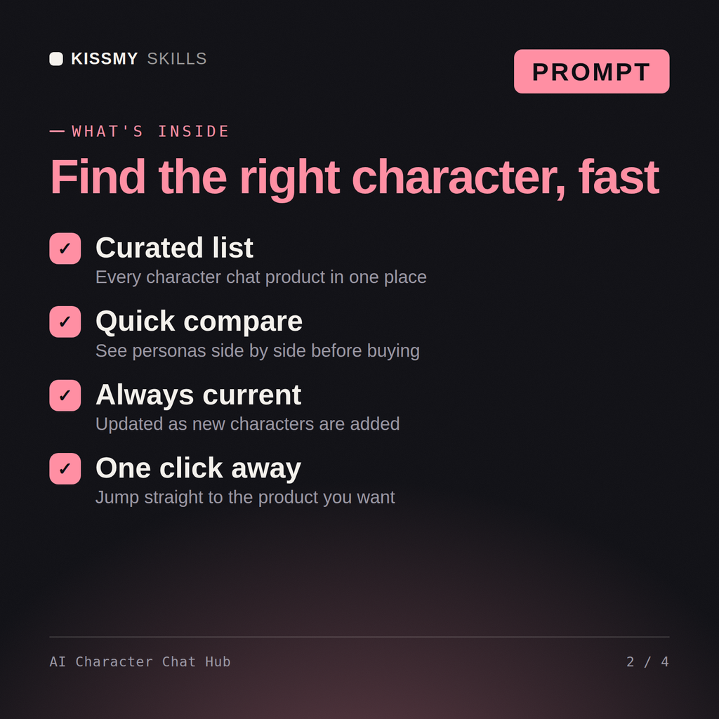 What's inside the AI Character Chat Hub AI prompt: Curated list, Quick compare, Always current, One click away