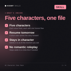 What's inside the AI Character Chat Pack AI skill: Five characters, Resume tomorrow, Stays in character, No romantic roleplay