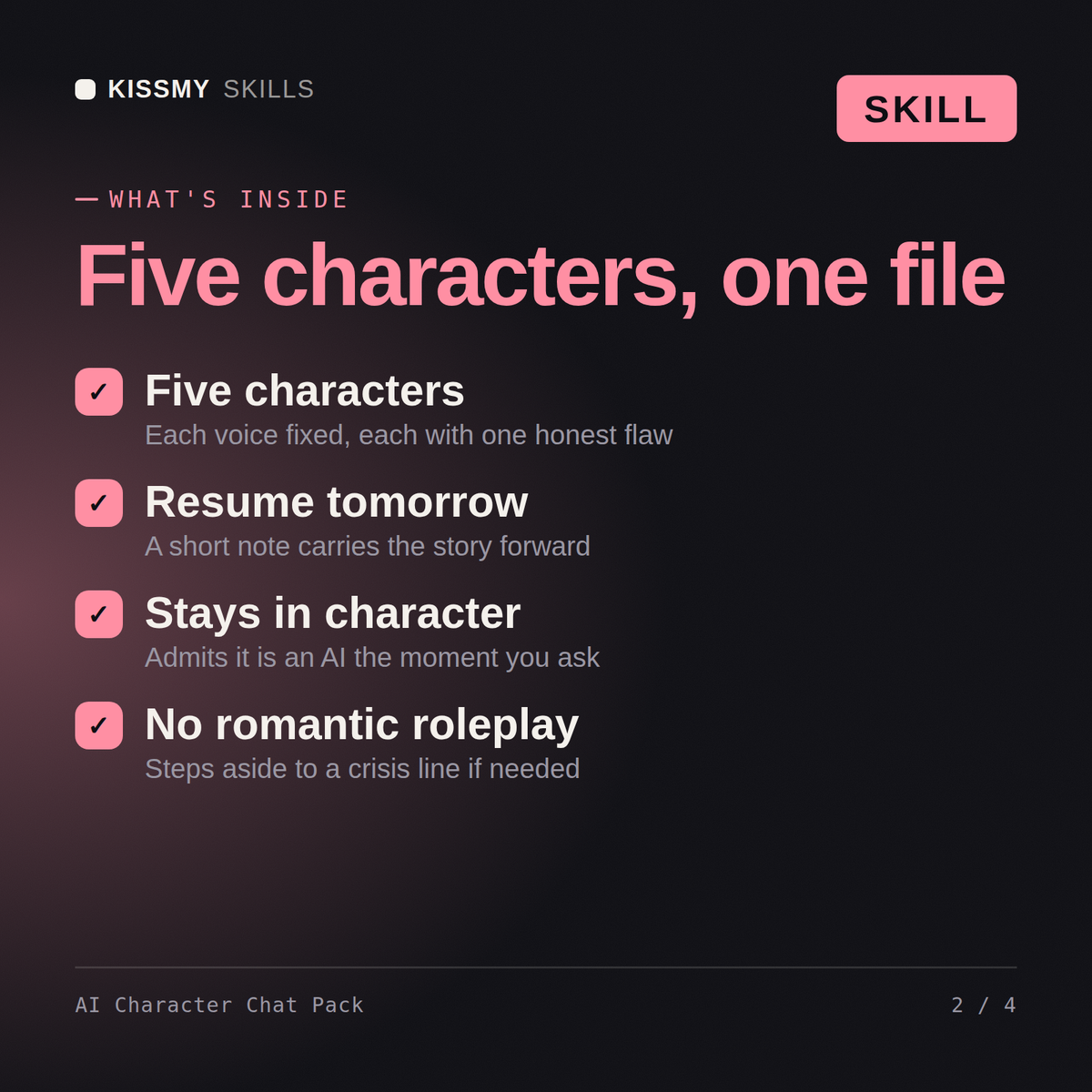 What's inside the AI Character Chat Pack AI skill: Five characters, Resume tomorrow, Stays in character, No romantic roleplay
