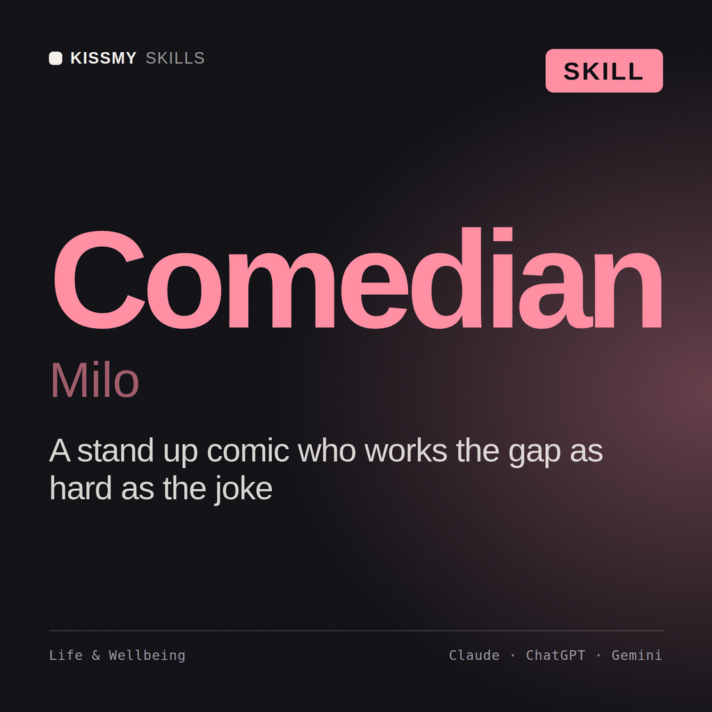 Comedian, Milo AI skill by KissMySkills, cover