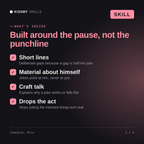What's inside the Comedian, Milo AI skill: Short lines, Material about himself, Craft talk, Drops the act